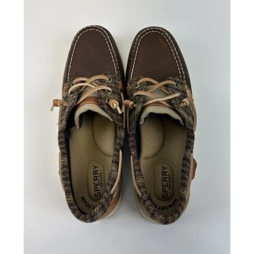 Sperry Boat Shoe Flat‎ Loafer Brown Pebbled Leather Plaid Memory Foam Womens 8.5